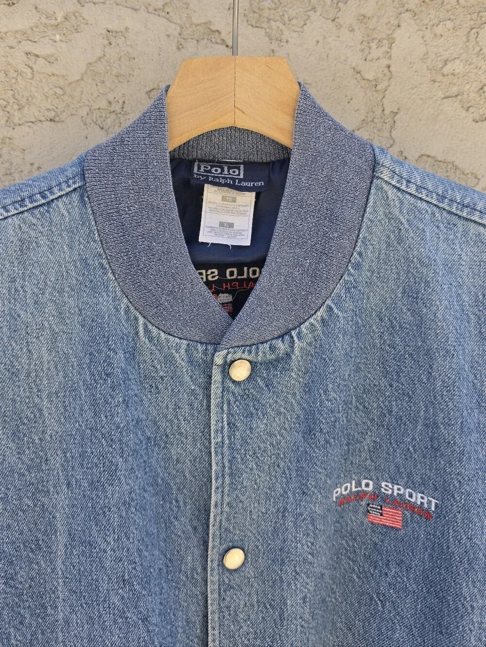 Vtg 90s Polo Sport Ralph Lauren Denim Varsity Bomber Jacket Men’s XL Blue Green
